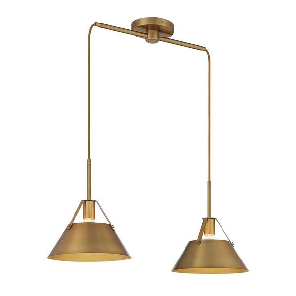 29 in. W x 10.5 in. H 2-Light Natural Brass Linear Chandelier with Matching Natural Brass Metal Shades