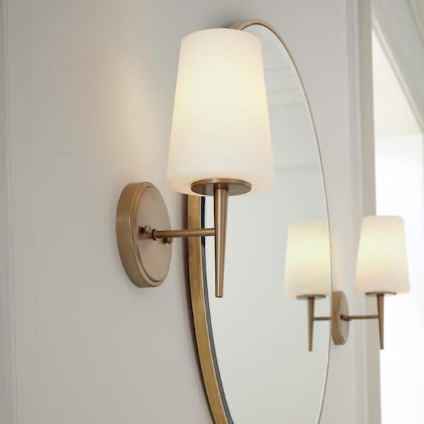 Driscoll 1-Light Modern Satin Brass Wall/Bath Sconce with Inside White Painted Etched Glass