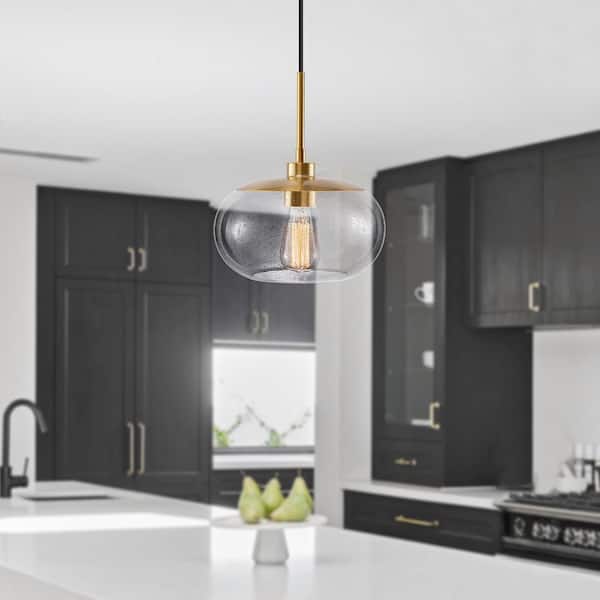 1-Light Modern Antique Brass Pendant Light with Seeded Glass Shade