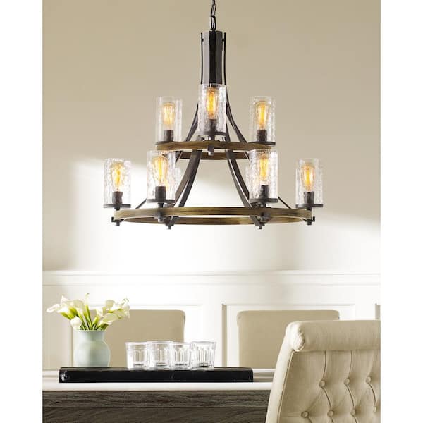 Angelo 9-Light Distressed Weathered Oak / Slate Grey Metal Rustic Farmhouse Wagon Wheel Chandelier with Clear Wavy Glass