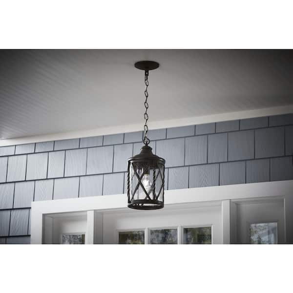 Walcott Manor 14.12 in. 1-Light Antique Bronze Outdoor Transitional Pendant Light with Clear Seeded Glass