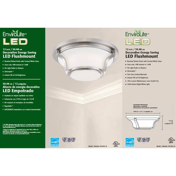 12 in. 120-Watt Equivalent Brushed Nickel 3000K CCT LED Ceiling Light Flush Mount with Frosted White Glass Shade