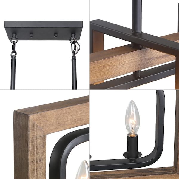 6-Light Pine Wood Candlestick Chandelier with Black Steel Frame