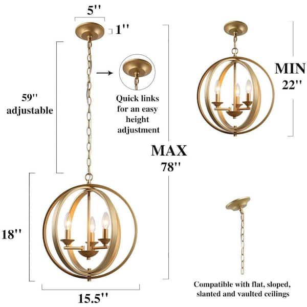 Modern Chandelier Pendant Light 3-Light Gold Globe Cage Dining Room Chandelier