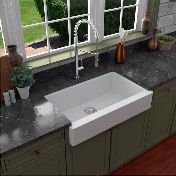 QAR-740 Quartz/Granite 34 in. Single Bowl Retrofit Farmhouse/Apron Front Kitchen Sink in White with Grid and Strainer
