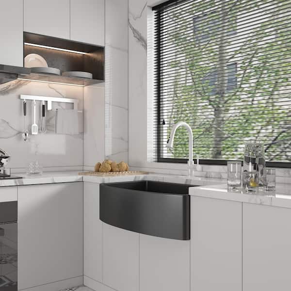 33 in. Farmhouse Apron Single Bowl Matte Black Fireclay Curved Design Kitchen Sink with Bottom Grid and Strainer