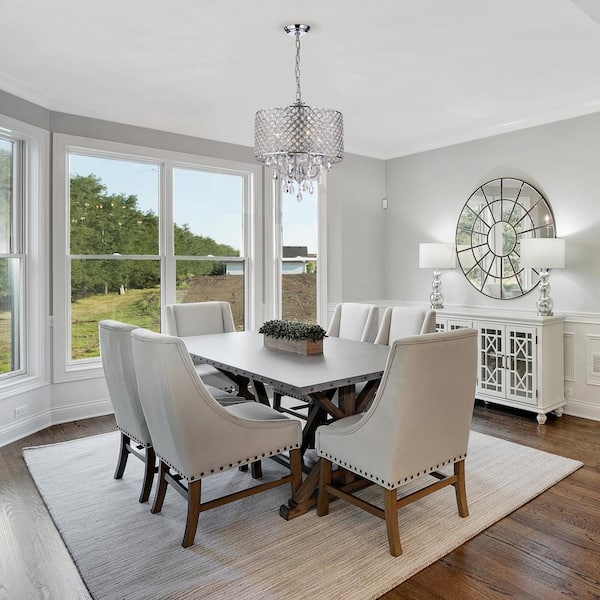 Marya 4-Light Modern Chrome Round Chandelier with Beaded Drum Shade /Hanging Clear Glass Crystals