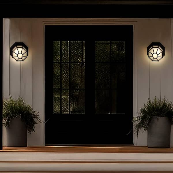 12 in. 1-Light Black LED Dimmable Decorative Octagonal Outdoor Flush Mount Light, Selectable CCT 3000K 4000K 5000K