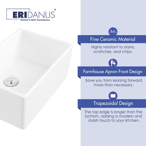 Denbigh Crisp White Ceramic 24 in. Single Bowl Farmhouse Apron Kitchen Sink with Bottom Grid and Basket Strainer