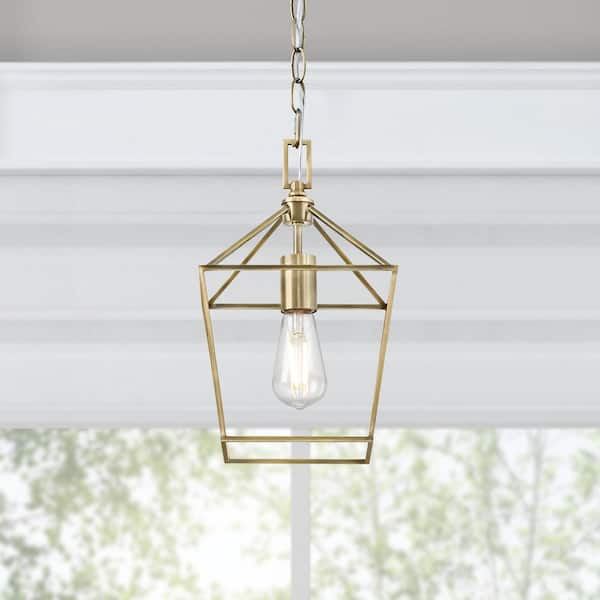 Weyburn 1-Light Brushed Brass Farmhouse Mini Pendant Light Fixture with Caged Metal Shade
