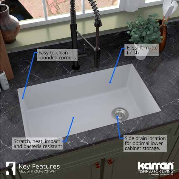 Undermount Quartz Composite 32 in. Single Bowl Kitchen Sink in White