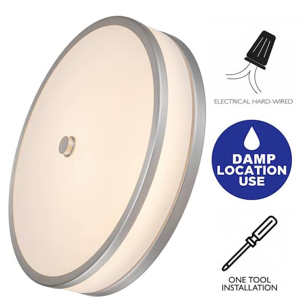 15 in. Watt Equivalence 200-Watt Modern Satin Nickel Dimmable Integrated LED Flush Mount Light with White Acrylic Shade