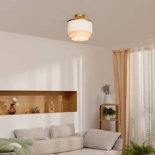 12 in. 1-Light Matte Gold Semi-Flush Mount Ceiling Light with White Fabric Fringe Shade