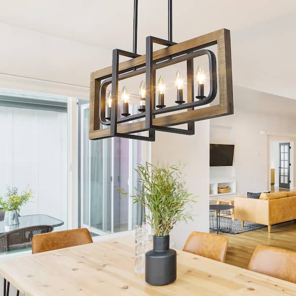 6-Light Pine Wood Candlestick Chandelier with Black Steel Frame