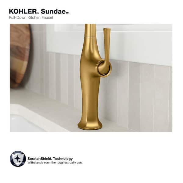 Sundae Single-Handle Pull Down Sprayer Kitchen Faucet in Vibrant Brushed Moderne Brass