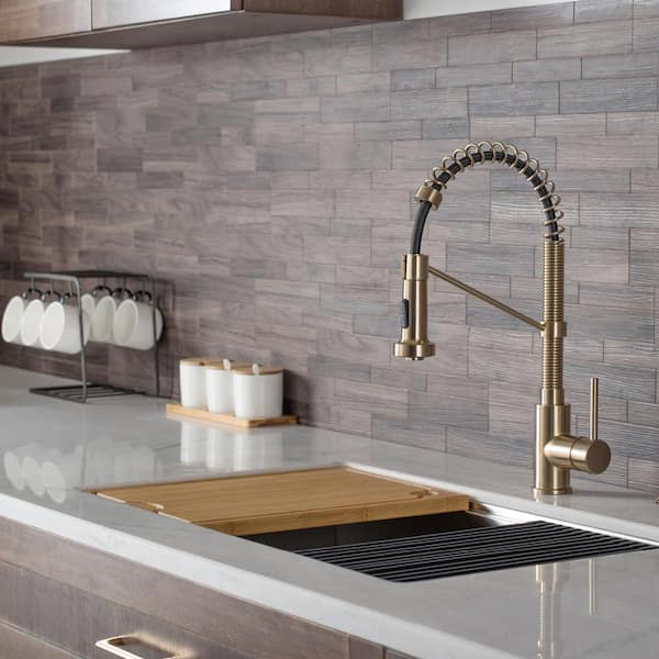 Single Handle 18-Inch Commercial Kitchen Faucet with Dual Function Pull-Down Sprayhead in Brushed Gold Finish