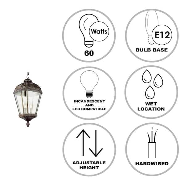 Covington 3-Light Burnished Rust Hanging Outdoor Pendant Light Fixture with Clear Glass