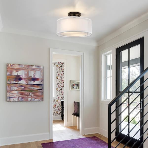 Celina 13 in. 2-Light White Double Drum Semi-Flush Mount Light With Black Hardware