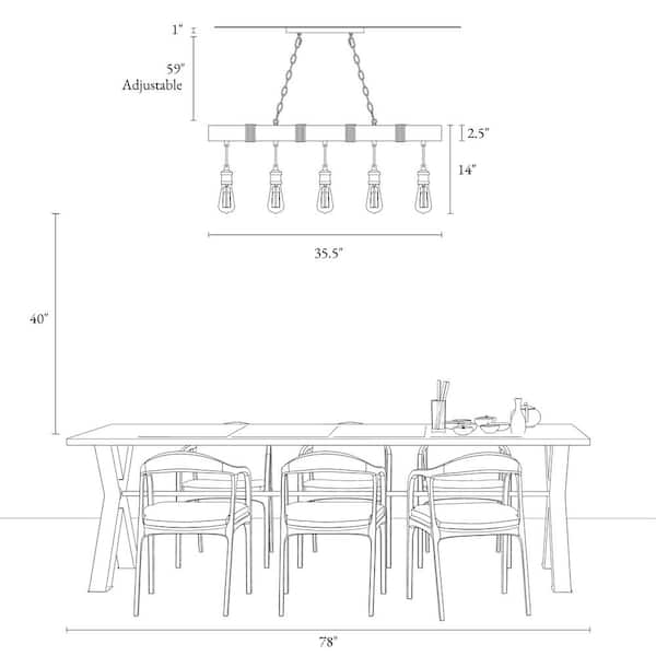 Wood Beam Chandelier 35.5 in. 5-Light Brown Linear Farmhouse Chandelier Island Pendant Light with Wood Accents