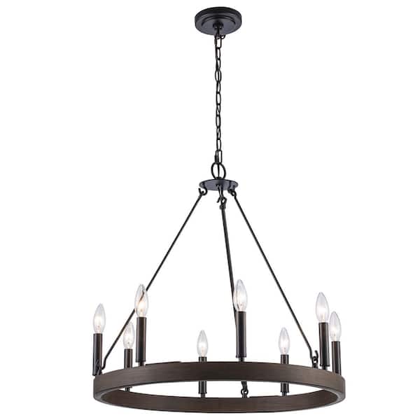 8-Light Black and Faux Wood Wagon Wheel Chandelier Light Fixture