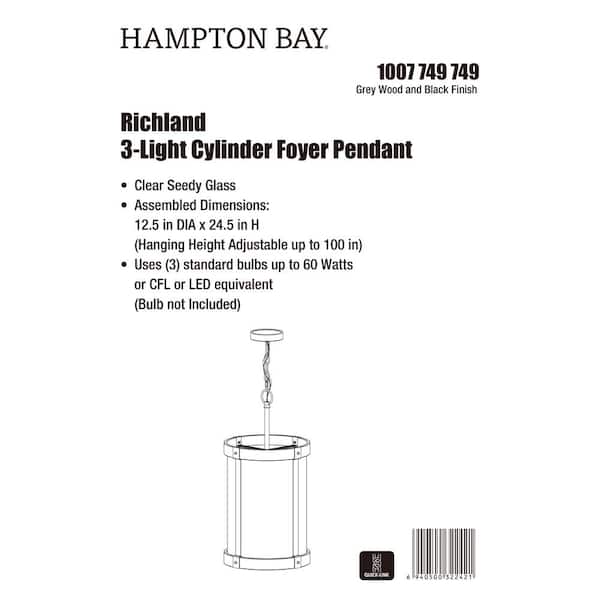 Richland 12-3/8 in. W 3-Light Grey Wood Finish Standard Cylinder Foyer Pendant with Clear Seedy Glass