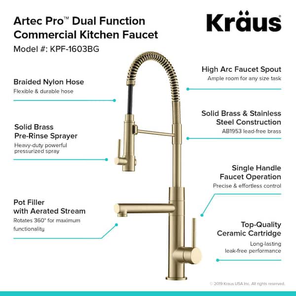 Artec Pro Single Handle Pull Down Sprayer Kitchen Faucet with Pot Filler in Brushed Gold