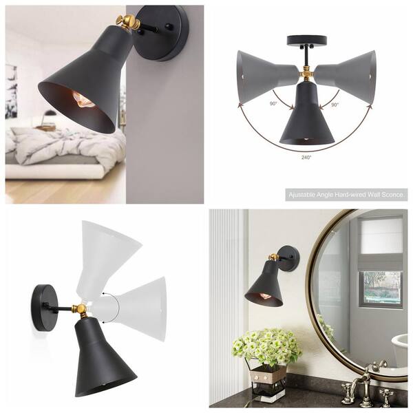 Modern Black and Brass 1-Light Swivel Wall Sconce with Bell Metal Shade Industrial Wall Light