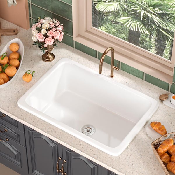 Glen White Rectangular Fireclay 27 in. Single Bowl Undermount/Drop-In Kitchen Sink with Basket Strainer and Sink Grid