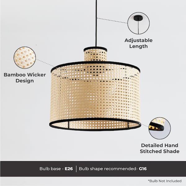 Modern Bohemian 1-Light 2-Tier Pendant Light, PVC Rattan Shade With Velvet Rim