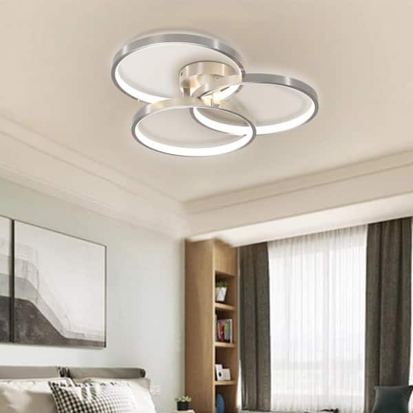19.69 in. 3-Light Integrated LED Chrome Luxurious Nordic Semi-Flush Mount with Inner Ring Chandelier for Bed Dining Room