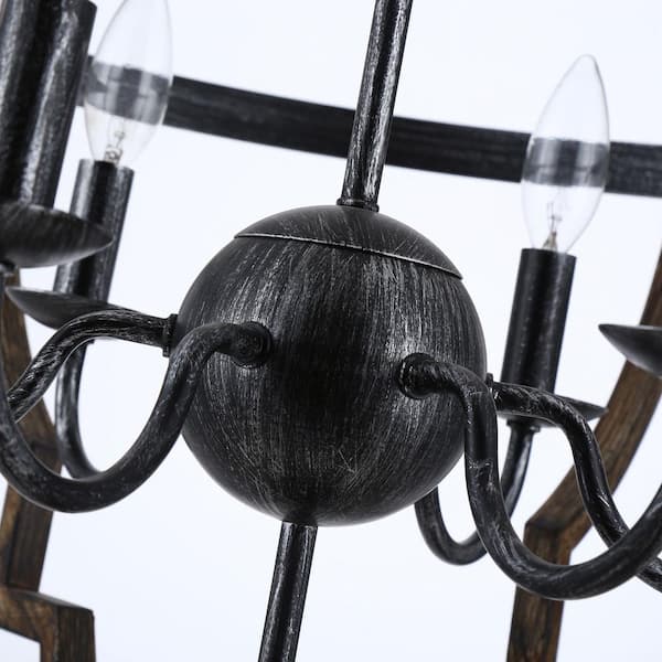 Cambon 6-Light Distressed Black and Brushed Wood Lantern Geometric Chandelier