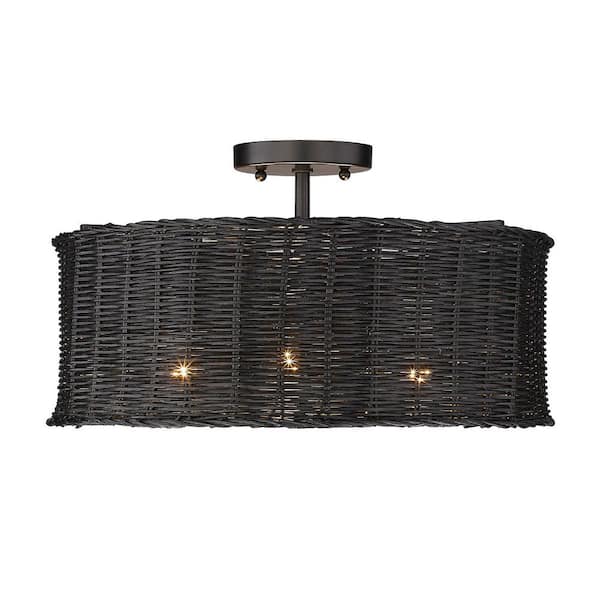 Erma 16.5 in. 3-Light Matte Black Semi-Flush Mount with Black Wicker Shade