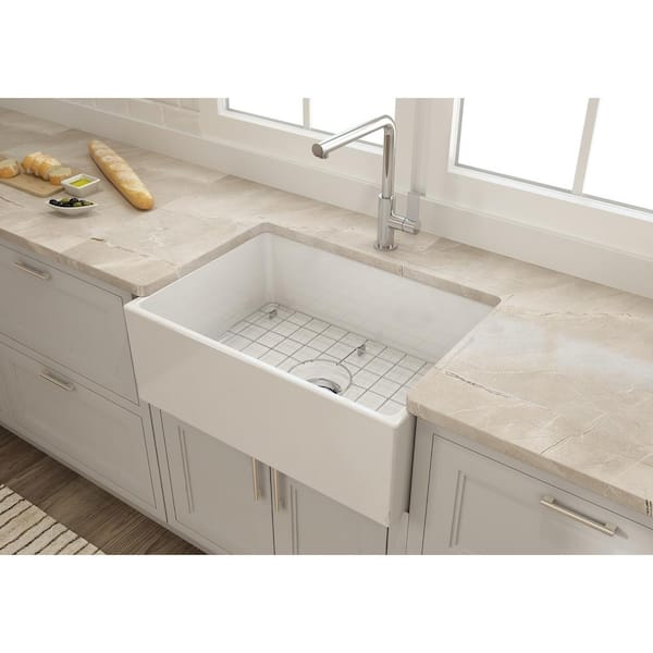 Farmhouse Apron-Front Fireclay 27 in. Single Bowl Kitchen Sink in White with Bottom Grid