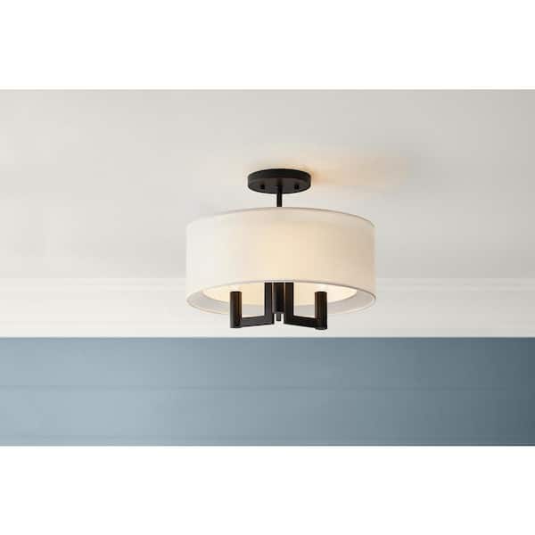 Hiddenbrook 15 in. 3-Light Matte Black Semi-Flush Mount with White Fabric Shade