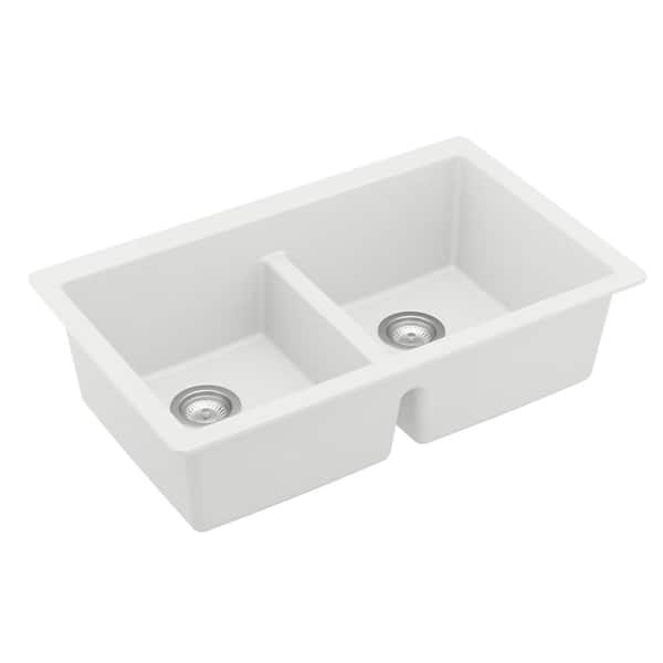 QU-810 Quartz/Granite 32 in. Double Bowl 50/50 Undermount Kitchen Sink in White with Bottom Grid and Strainer