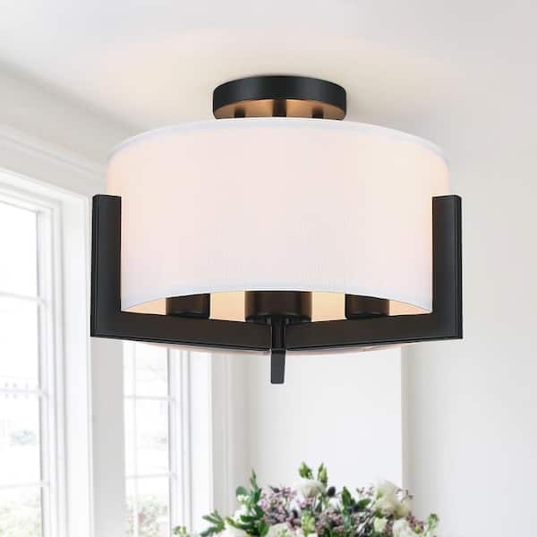 14 in. 3-Light Matte Black Semi-Flush Mount Ceiling Light with Drum Shade