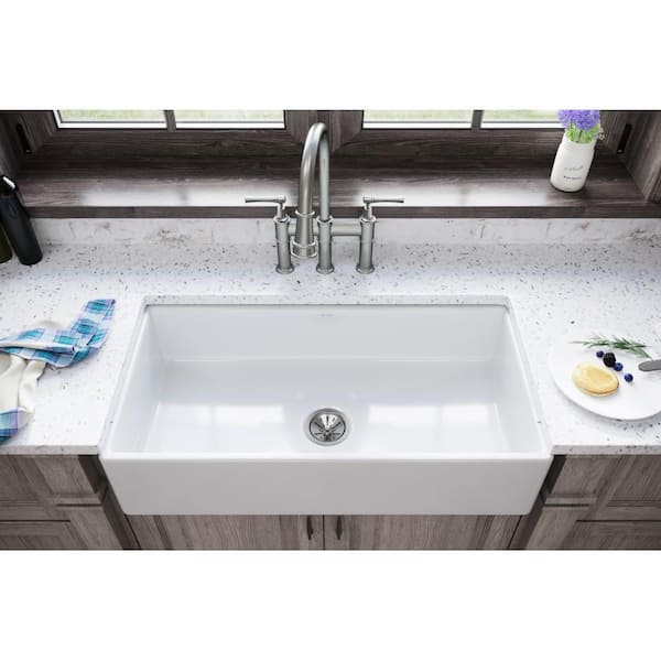 Burnham White Fireclay 36 in. Single Bowl Farmhouse Apron Kitchen Sink