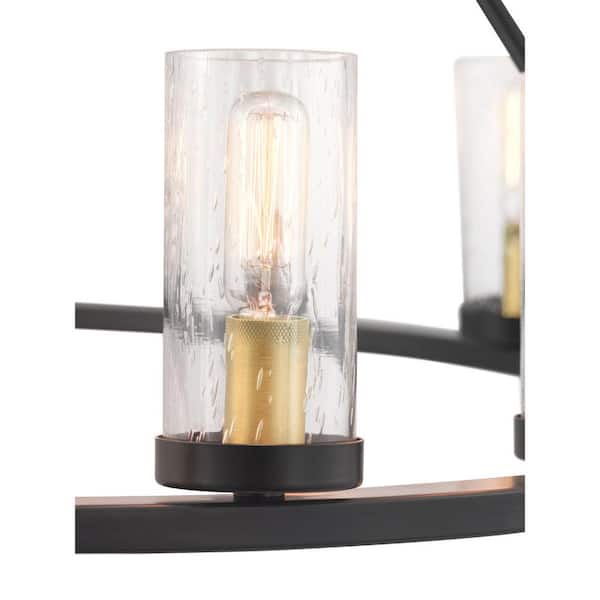 Hartwell 32-5/8 in. 15-Light Bronze Farmhouse Wagon Wheel Chandelier with Brass Accents & Clear Seeded Glass