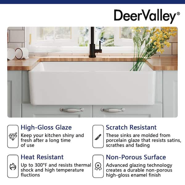 DeerValley Feast White Ceramic 33 in. L Rectangular Single Bowl Farmhouse Apron Kitchen Sink with Grid and Strainer