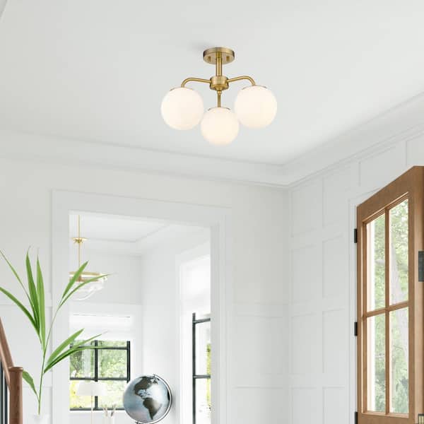Melpark 3-Light Brushed Gold Semi-Flush Mount with Frosted Glass Shades