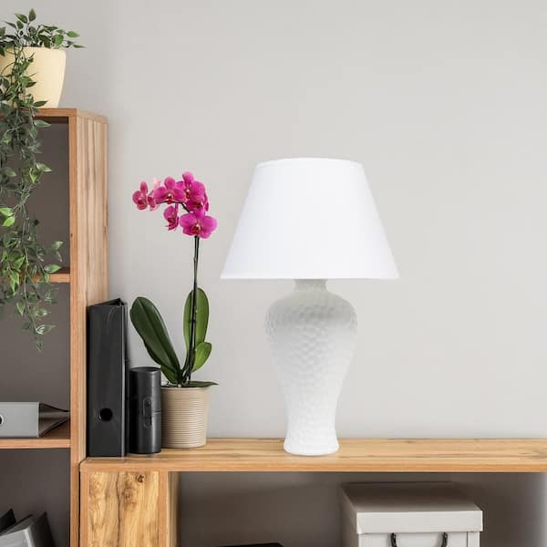20.08 in. White Traditional Ceramic Textured Imprint Winding Table Desk Lamp with Matching Empire Fabric Shade