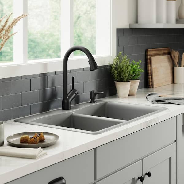 Kennon Neoroc Matte Grey Granite Composite 33 in. 1-Hole Double Bowl Drop-In/Undermount Kitchen Sink