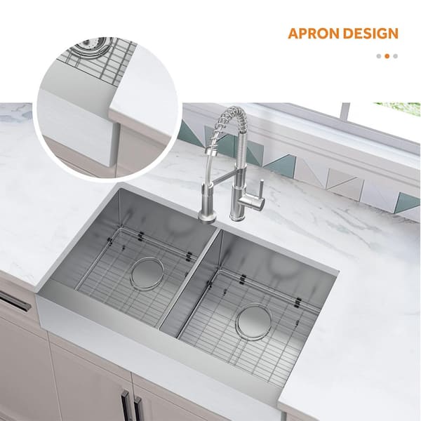 Professional All in One 33 in. Farmhouse Apron-Front Double Bowl Stainless Steel Kitchen Sink with Spring Neck Faucet