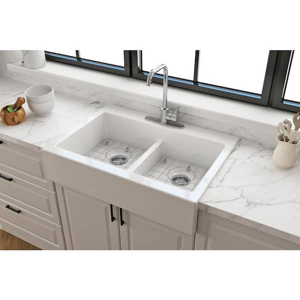 Farmhouse Apron-Front Fireclay 34 in. 3-Hole Double Bowl Kitchen Sink in White with Bottom Grid