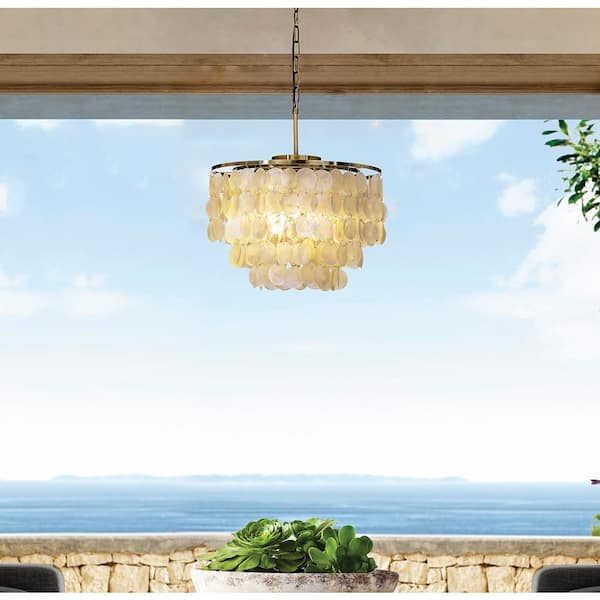 3-Lights Unique Antique Bronze Tiered Capiz Chandelier with Seashell Accents