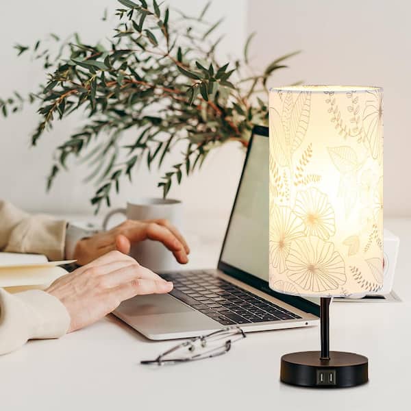 Krol 15 in. Metal USB Table Lamp with 2 USB Ports and Floral Linen Shape
