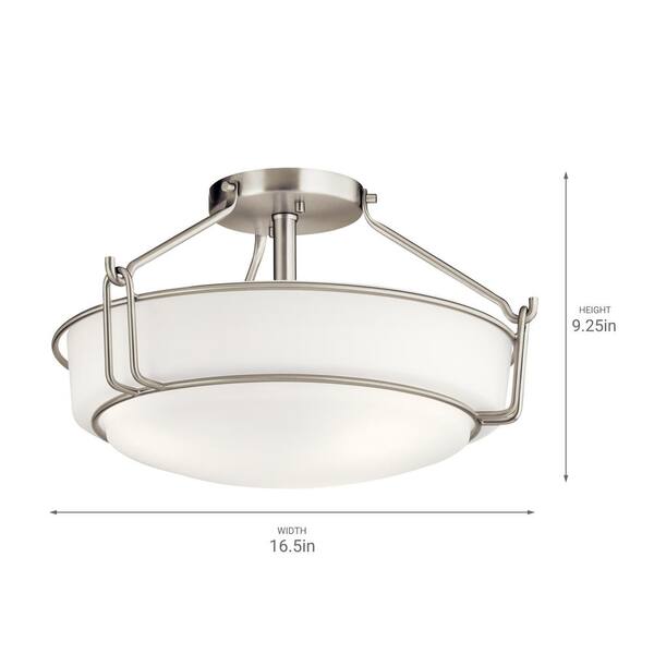 Alkire 16.5 in. 3-Light Brushed Nickel Hallway Transitional Semi-Flush Mount Ceiling Light with Frosted Glass