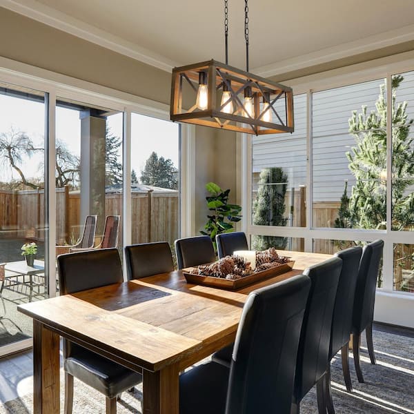 Modern Farmhouse Wood Chandelier 4-Light Black Cage Rectangle Island Chandelier for Kitchen Dining Room