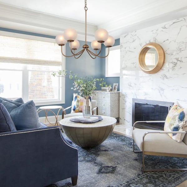 Modern Deep Gold 6-Light Chandelier 27 in. Classic Globe Candlestick Frosted Glass Shades High Ceiling Light