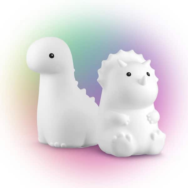 Dinosaur Duo Multi-Color Changing Integrated LED Rechargeable Silicone Touch Activated Night Light Lamps (2-Pack), White